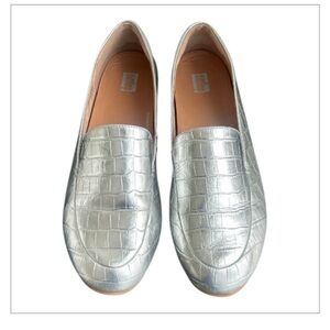 Fitflop Lena Croc-Embossed Silver Metallic Leather Loafer Flat Size 8 Comfort